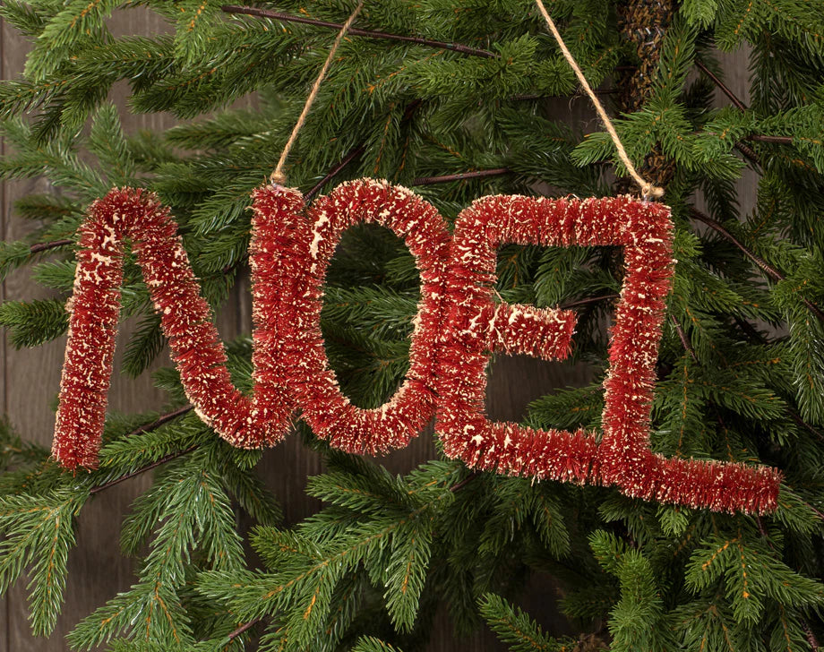 Noel Ornament / Sign, Antique Red Bottle Brush