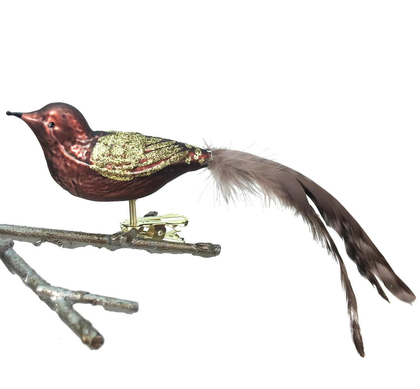 Brown Bird Clip with Gold Glitter & Feather Tail