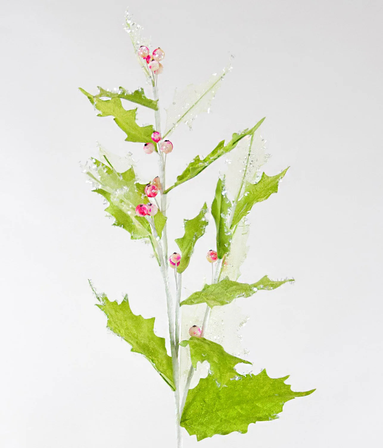 Iced Holly Spray, Lime Green Leaves and Pink Berries - Set of 3