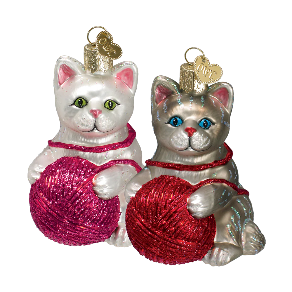 Playful Kitten with Yarn Ball Ornaments