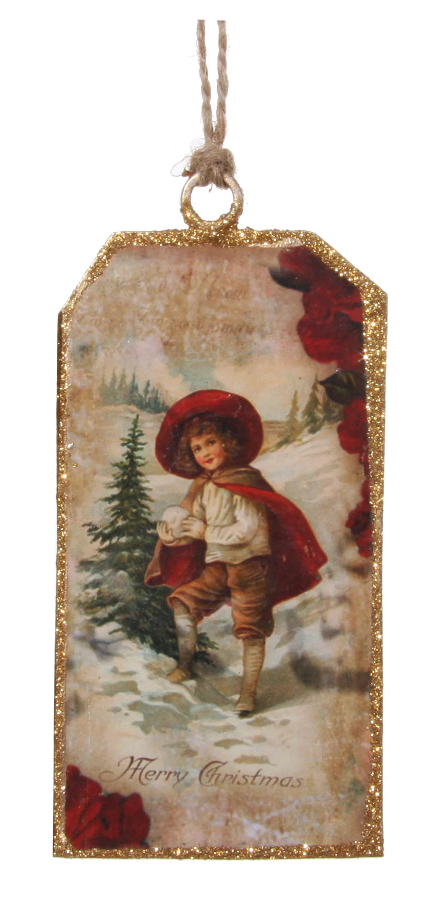 Victorian Christmas Postcard Ornament, Child Paying in the Snow