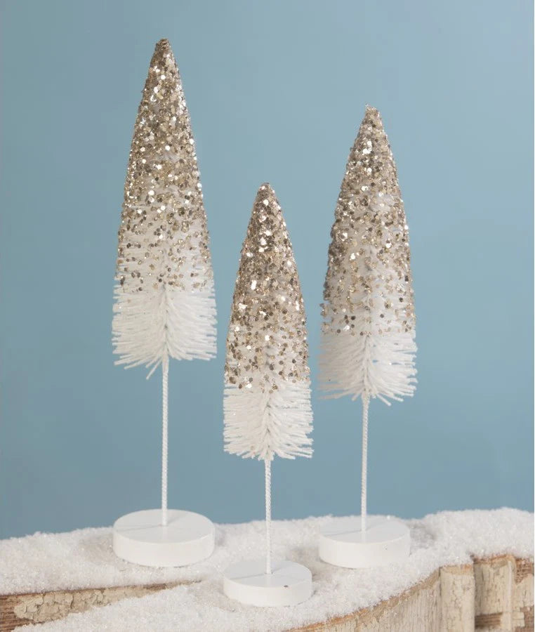 White Flocked Trees with Platinum Glitter