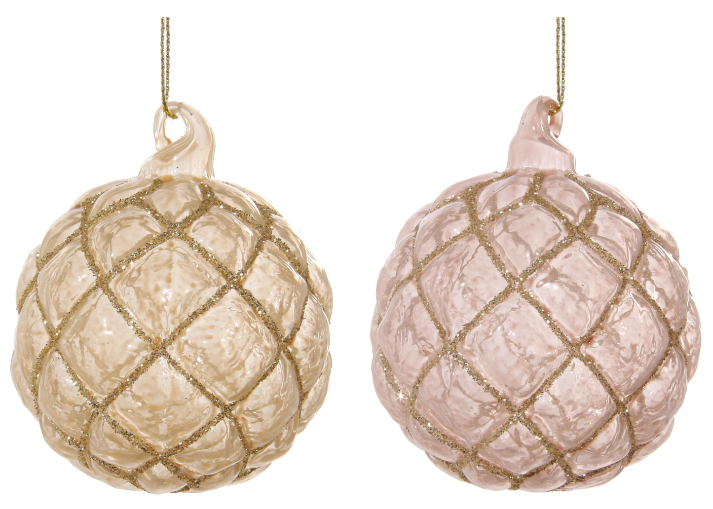 Pink & Champange Quilted Glass Ornaments with Glitter, Set of 4