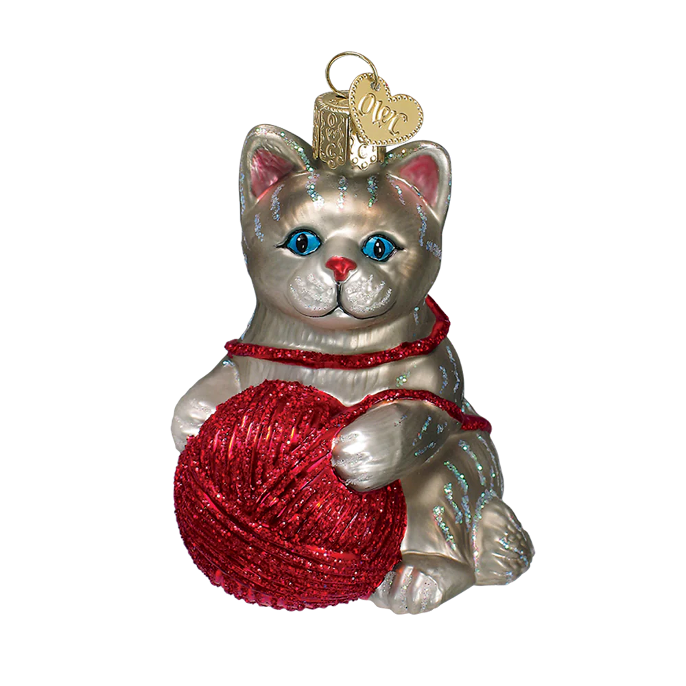 Playful Kitten with Yarn Ball Ornaments