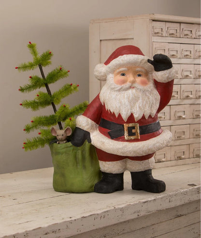 Jolly Waving Santa with Bag Large Paper Mache