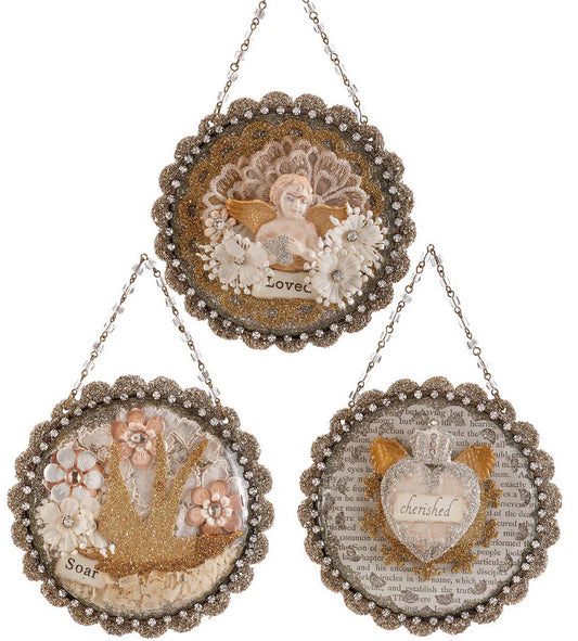 Vintage Romance Glittered Dome Ornaments, Love, Cherish, Soar