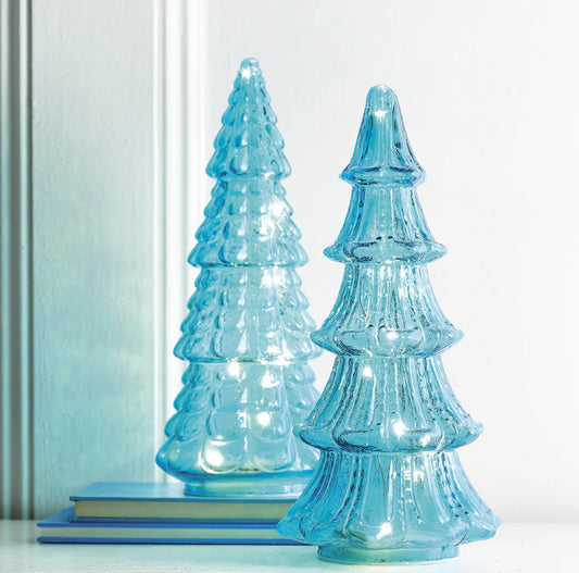 Patterned Blue Glass Trees with Lights