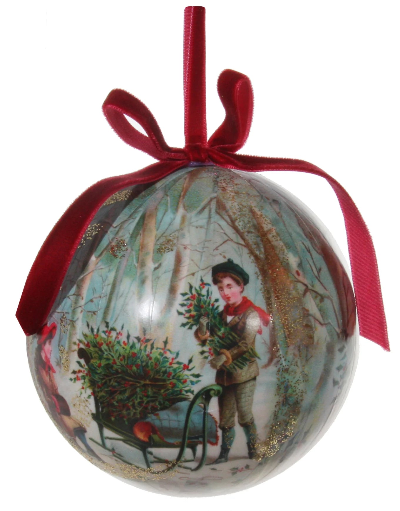 Victorian Christmas Decoupage Ball Ornament, Gathering the Holly