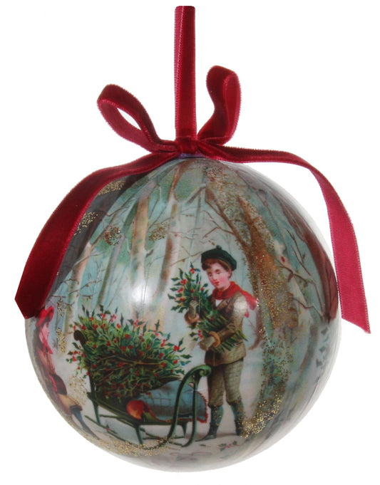 Victorian Christmas Decoupage Ball Ornament, Gathering the Holly