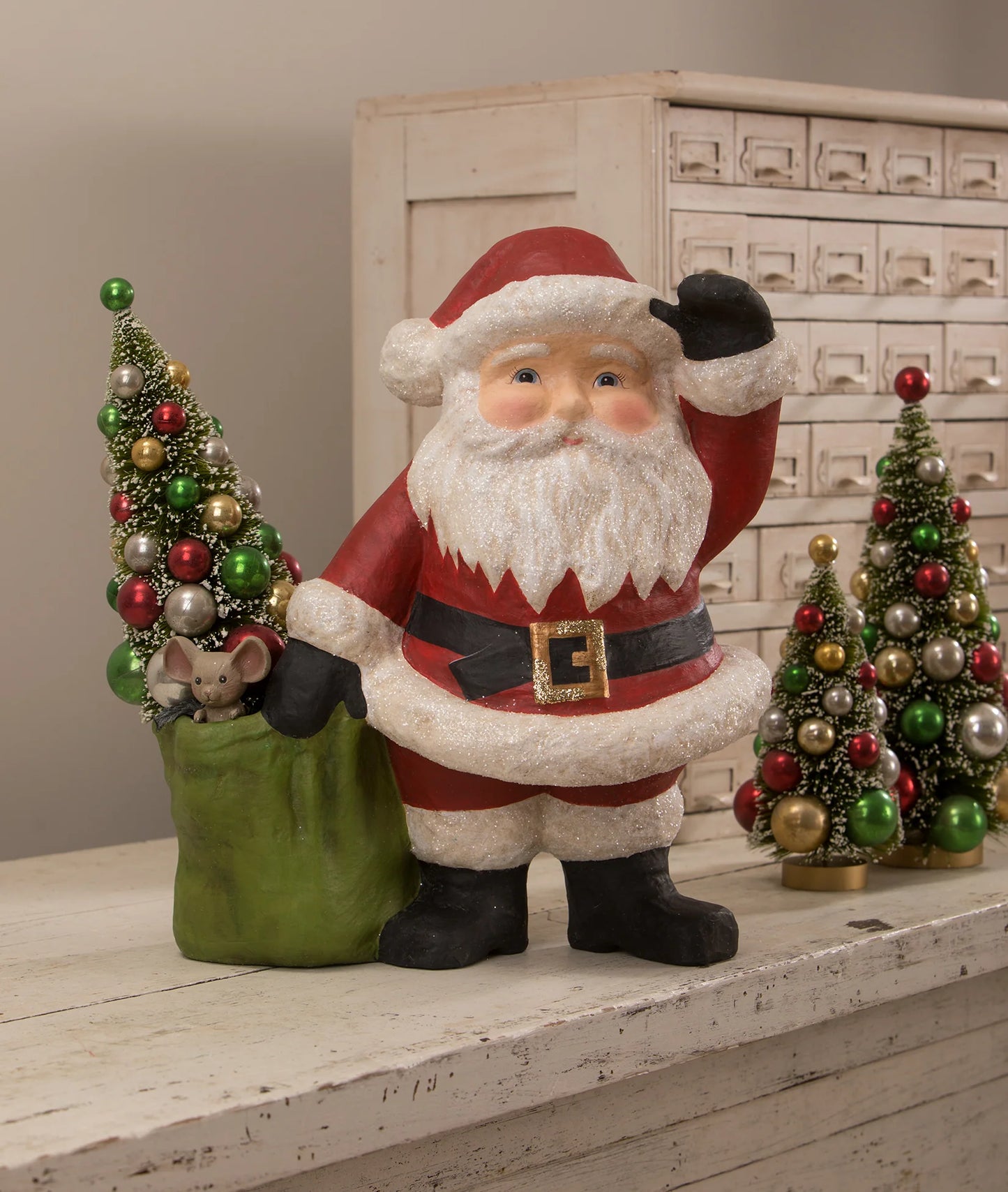 Jolly Waving Santa with Bag Large Paper Mache