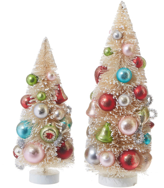 Ivory Bottle Brush Trees with Ornaments