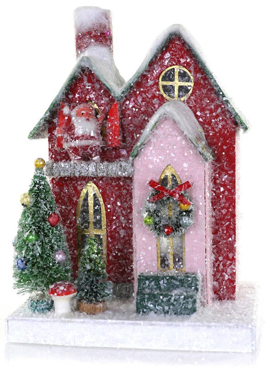 Small Retro Red Putz House with Santa