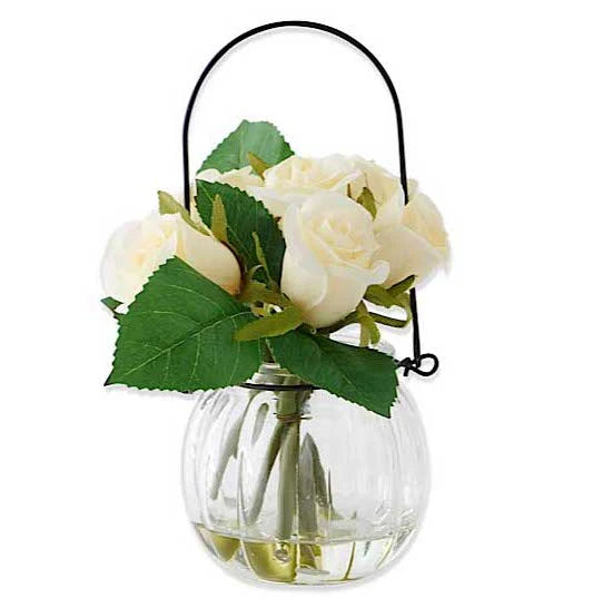 Faux White Roses in Vase with Wire Hanger