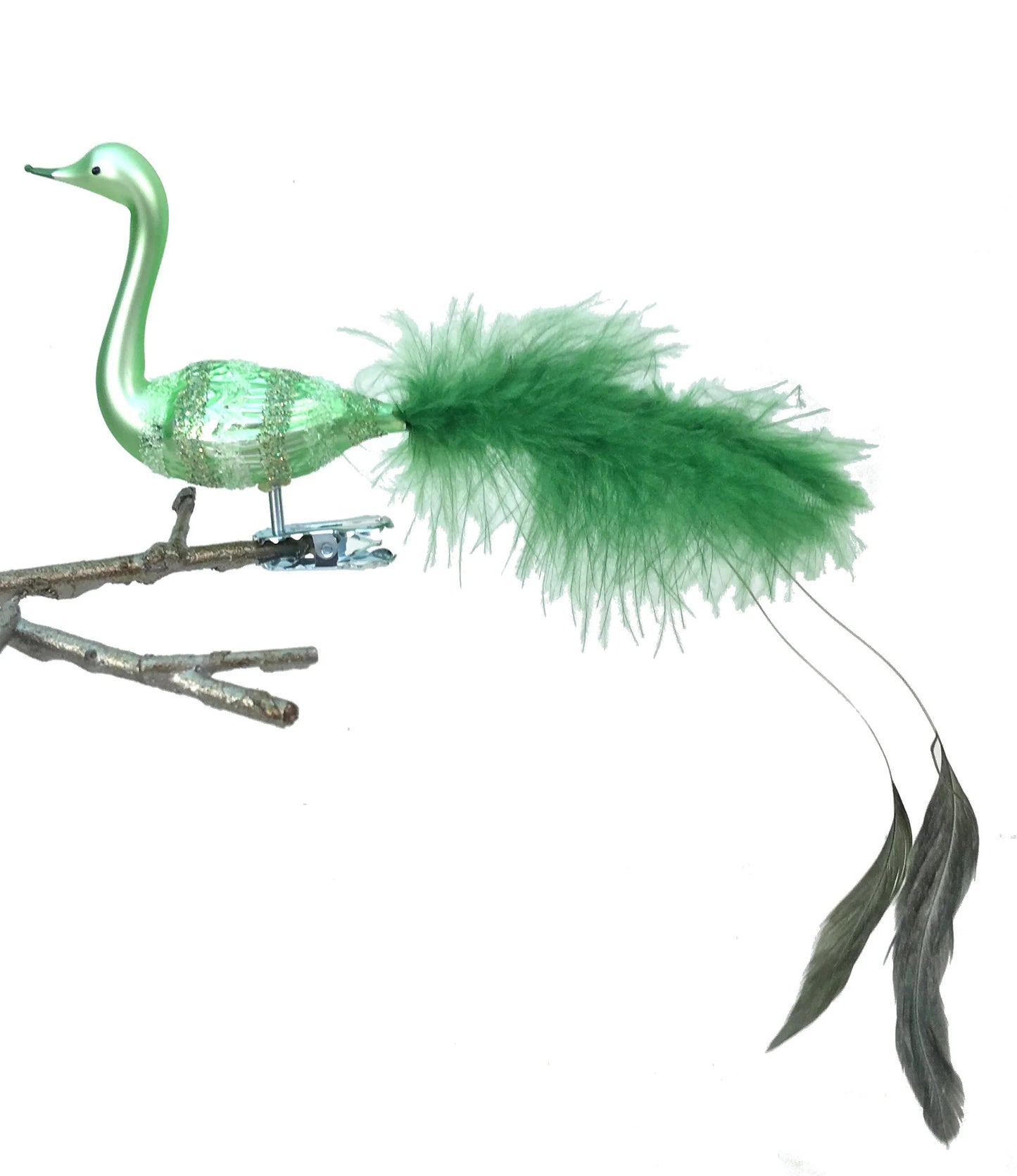 Light Green Bird Clip Ornament with Fancy Tail Feathers