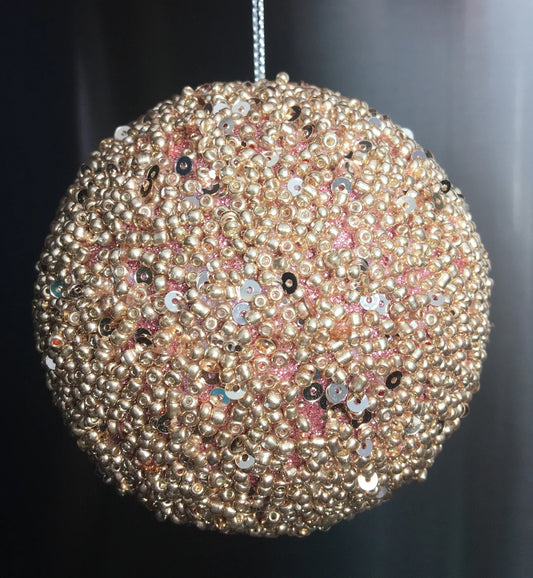 Golden Pink Sequin and Bead Encrusted Ball Ornaments, Set of 6 - Small