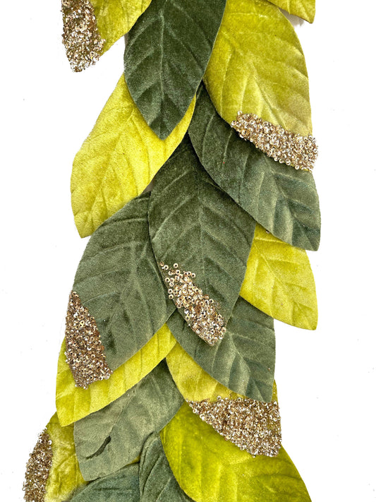 Flocked Leaf Garland, Variegated Green
