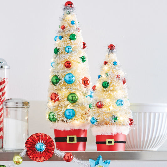 Lighted Bottle Brush Trees in Santa Belt Buckets