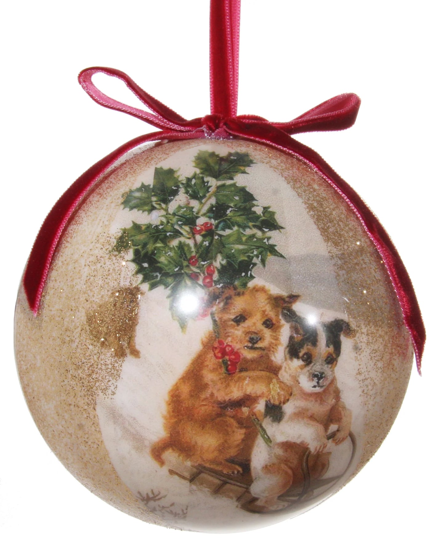 Victorian Christmas Decoupage Ball Ornament, Christmas Puppies