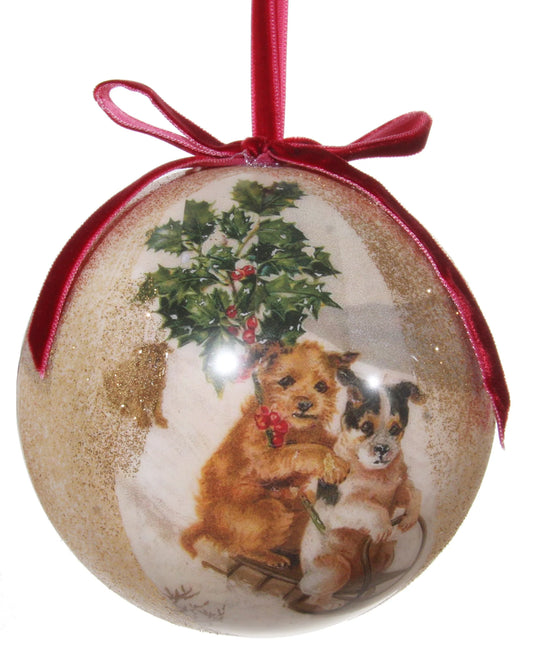 Victorian Christmas Decoupage Ball Ornament, Christmas Puppies
