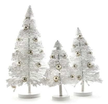 White Flocked Bottle Brush Trees with Silver Balls
