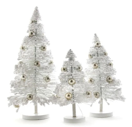 White Flocked Bottle Brush Trees with Silver Balls