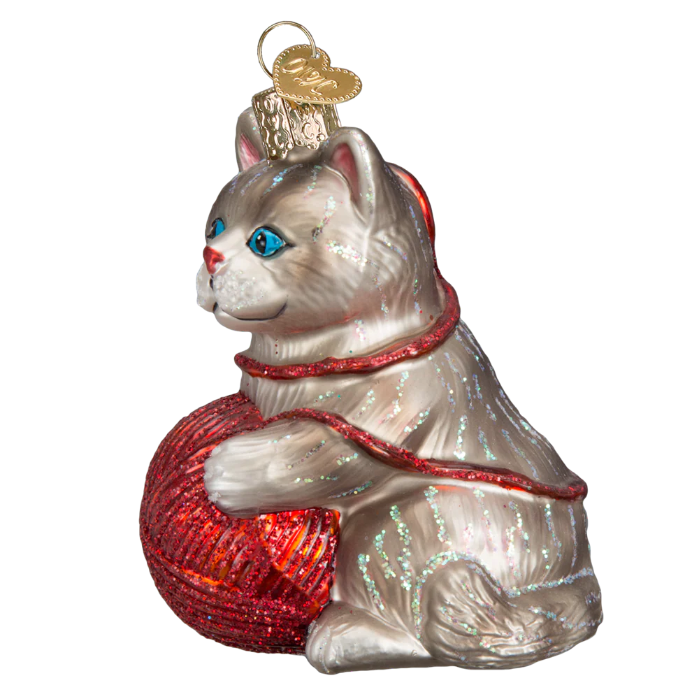 Playful Kitten with Yarn Ball Ornaments
