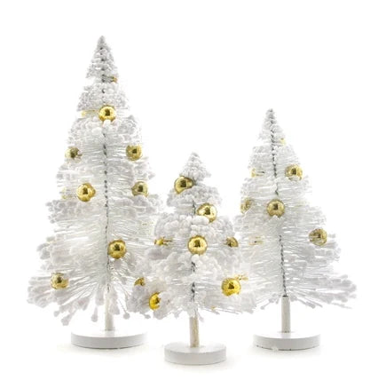 White Flocked Bottle Brush Trees with Gold Decorations