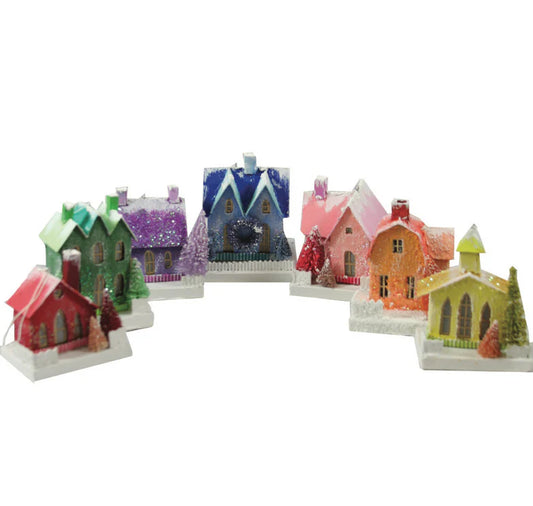 Bright Holiday Putz House Ornaments