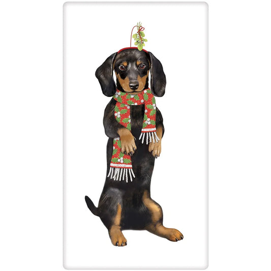 Dachshund Mistletoe Kisses Flour Sack Towel
