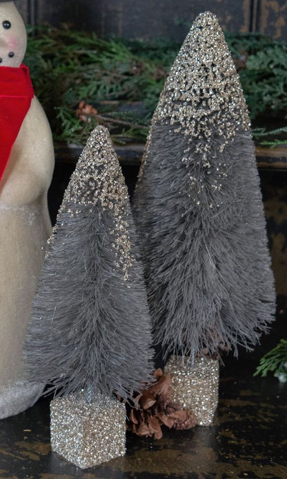 Grey Bottle Brush Trees with Glitter, Set of 3