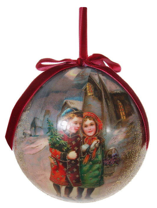 Victorian Christmas Decoupage Ball Ornament, Christmas Tidings Children