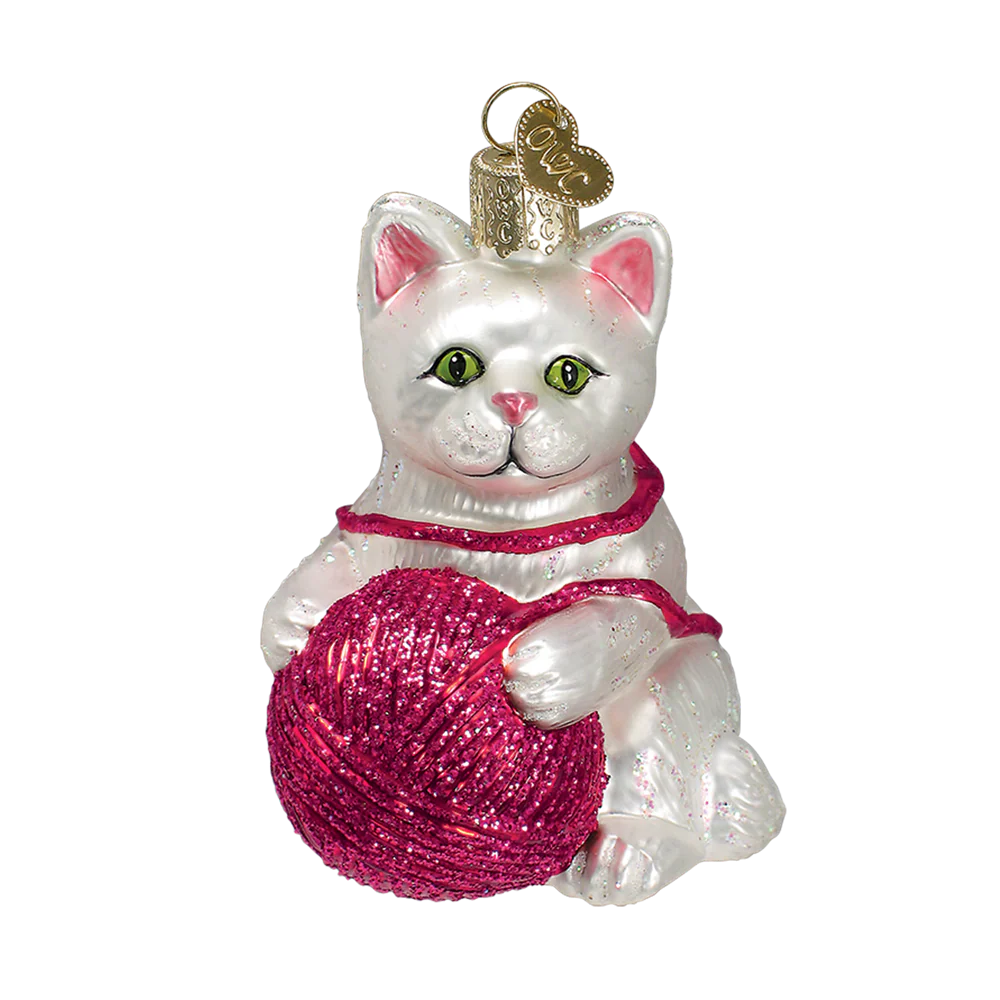 Playful Kitten with Yarn Ball Ornaments