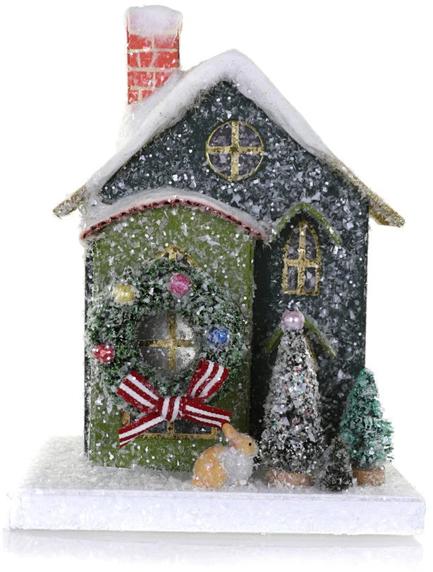 Small Green Putz House with Bunny Rabbit