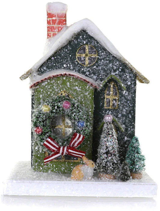 Small Green Putz House with Bunny Rabbit