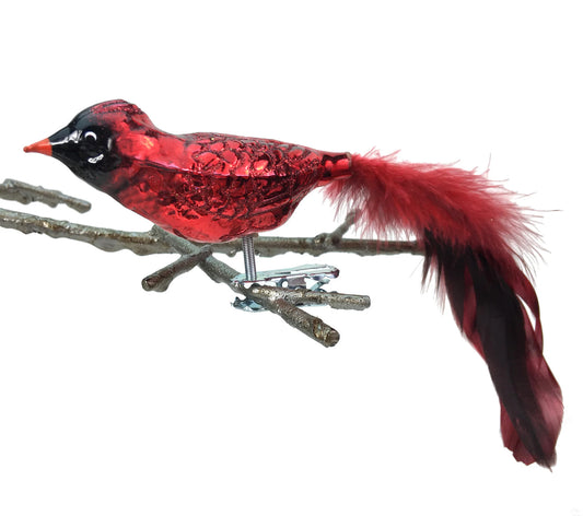 Glass Red Cardinal Clip-On Ornament with Feathers