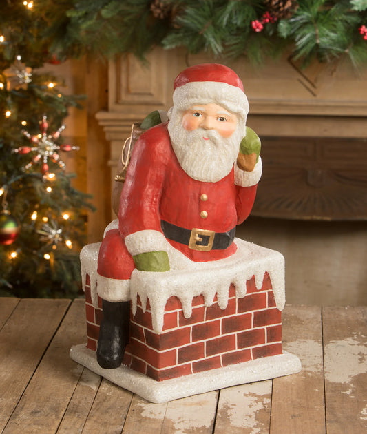 Traditional Santa Down the Chimney, Large Paper Mache
