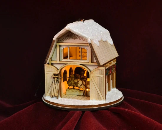 Santas Reindeer Barn Balsa Wood Ornament