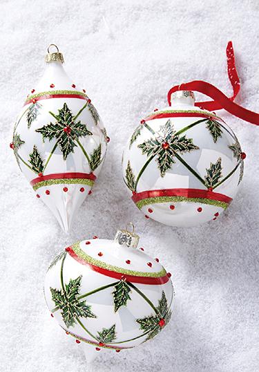 Jeweled Holly Glass Ornaments, Set of 6