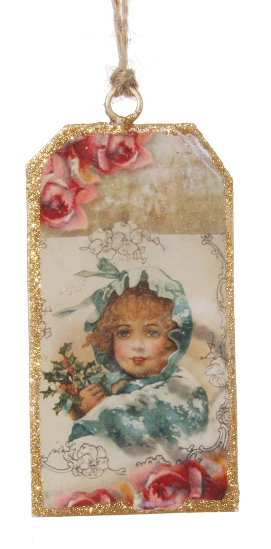Victorian Christmas Postcard Ornament, Holly Girl - Pastel