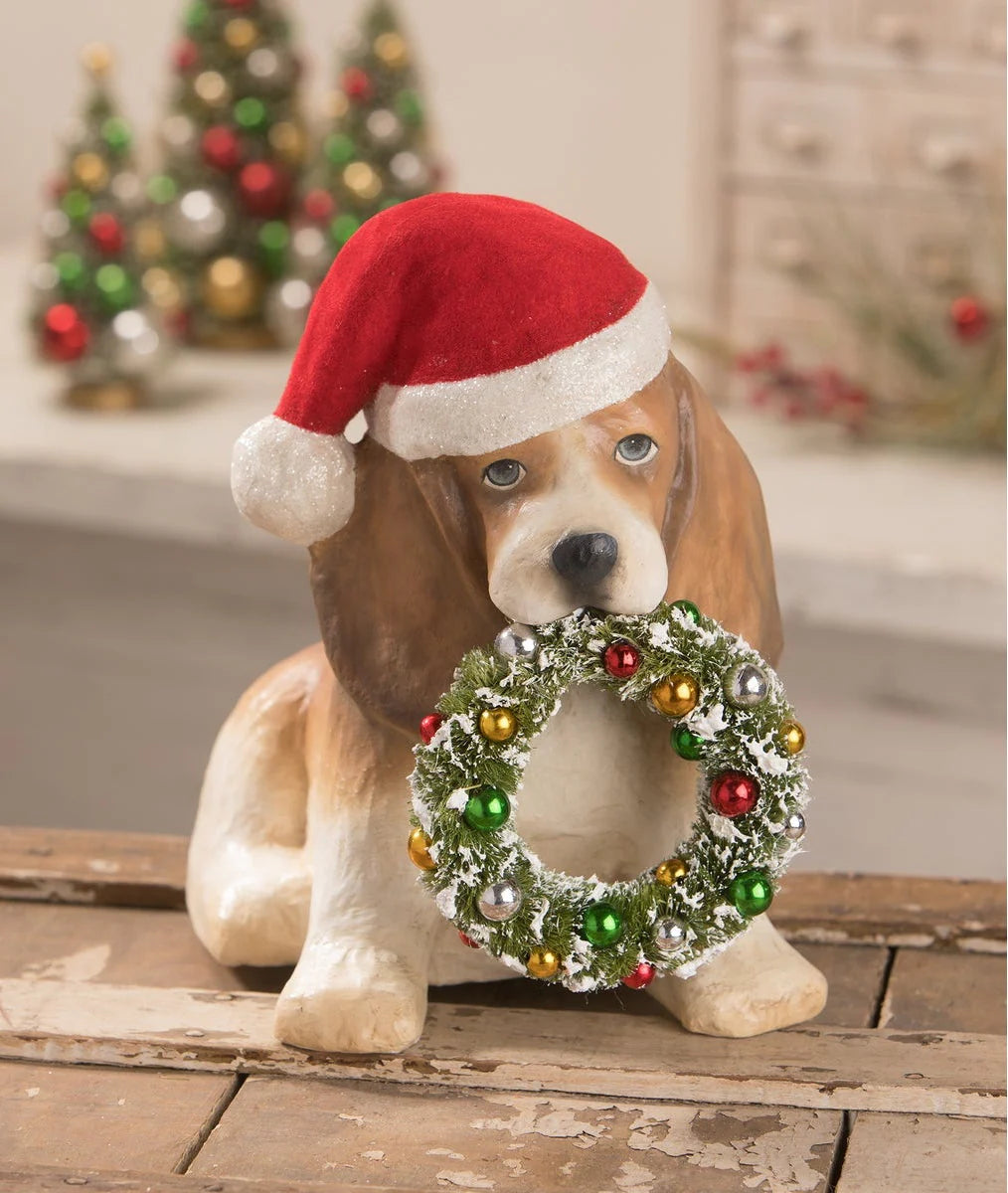Christmas Puppy with Wreath, Paper Mache