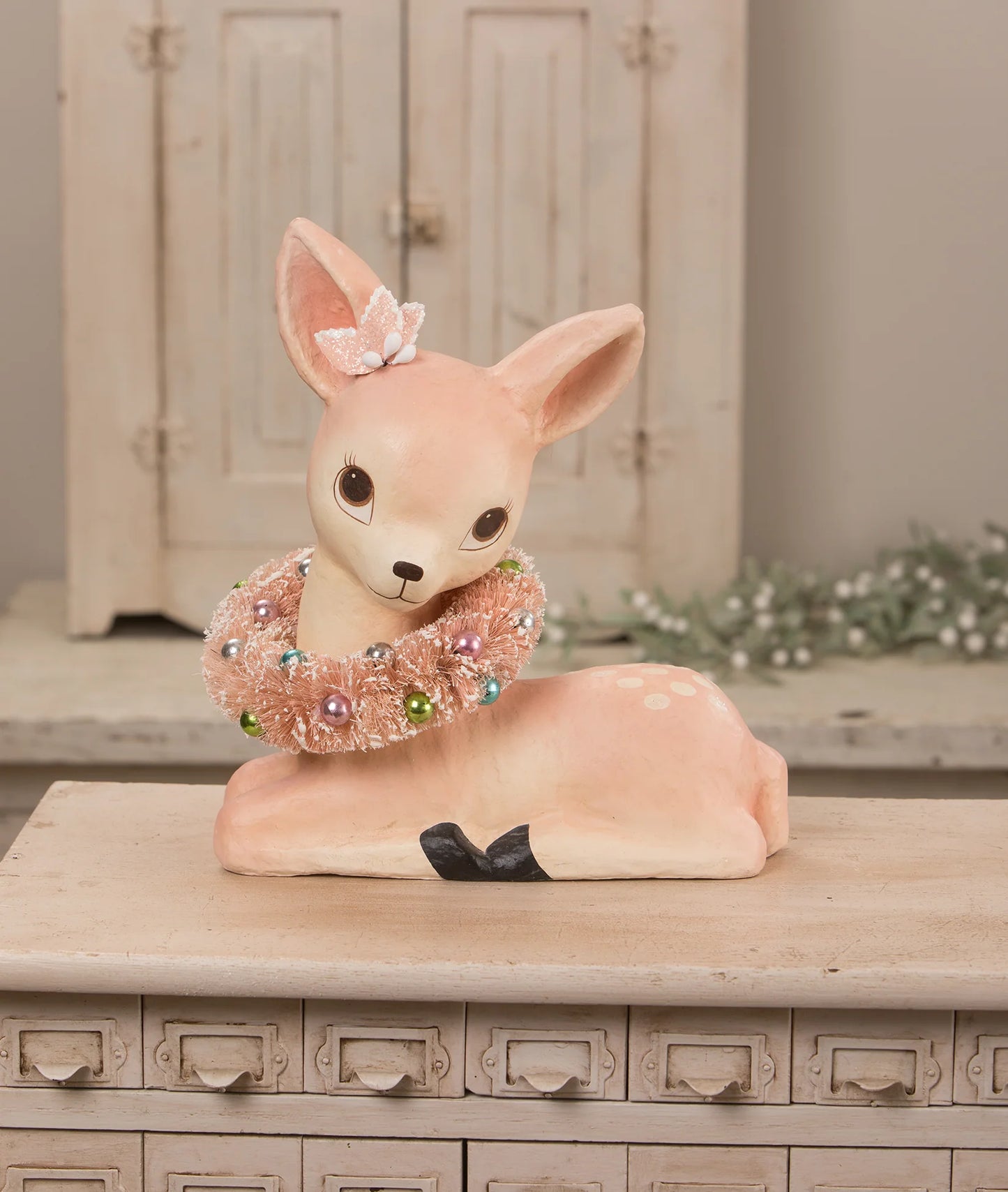 Sweet Pastel Fawn with Wreath Paper Mache