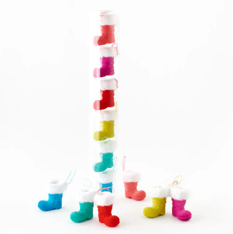Colorful Flocked Santa Boot Ornaments