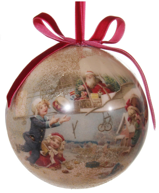 Victorian Christmas Decoupage Ball Ornament, Santa's Airplane Delivery