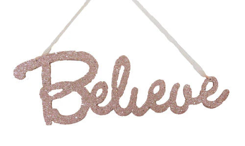 Glittered Believe Ornament, Rose Gold