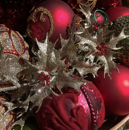 Glittered Champagne Holly Garland with Red Berries
