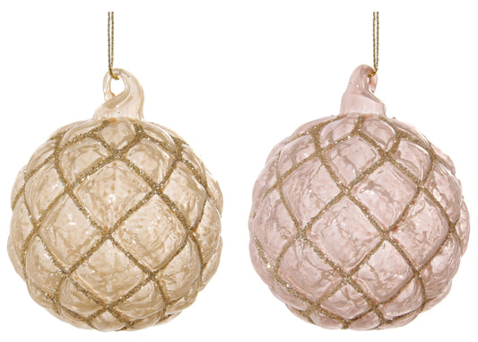 Pink & Champange Quilted Glass Ornaments with Glitter, Set of 4