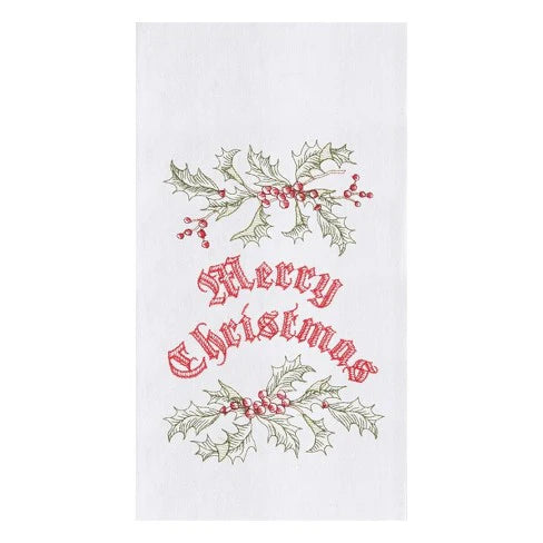 Merry Christmas & Holly Embroidered Kitchen Towel