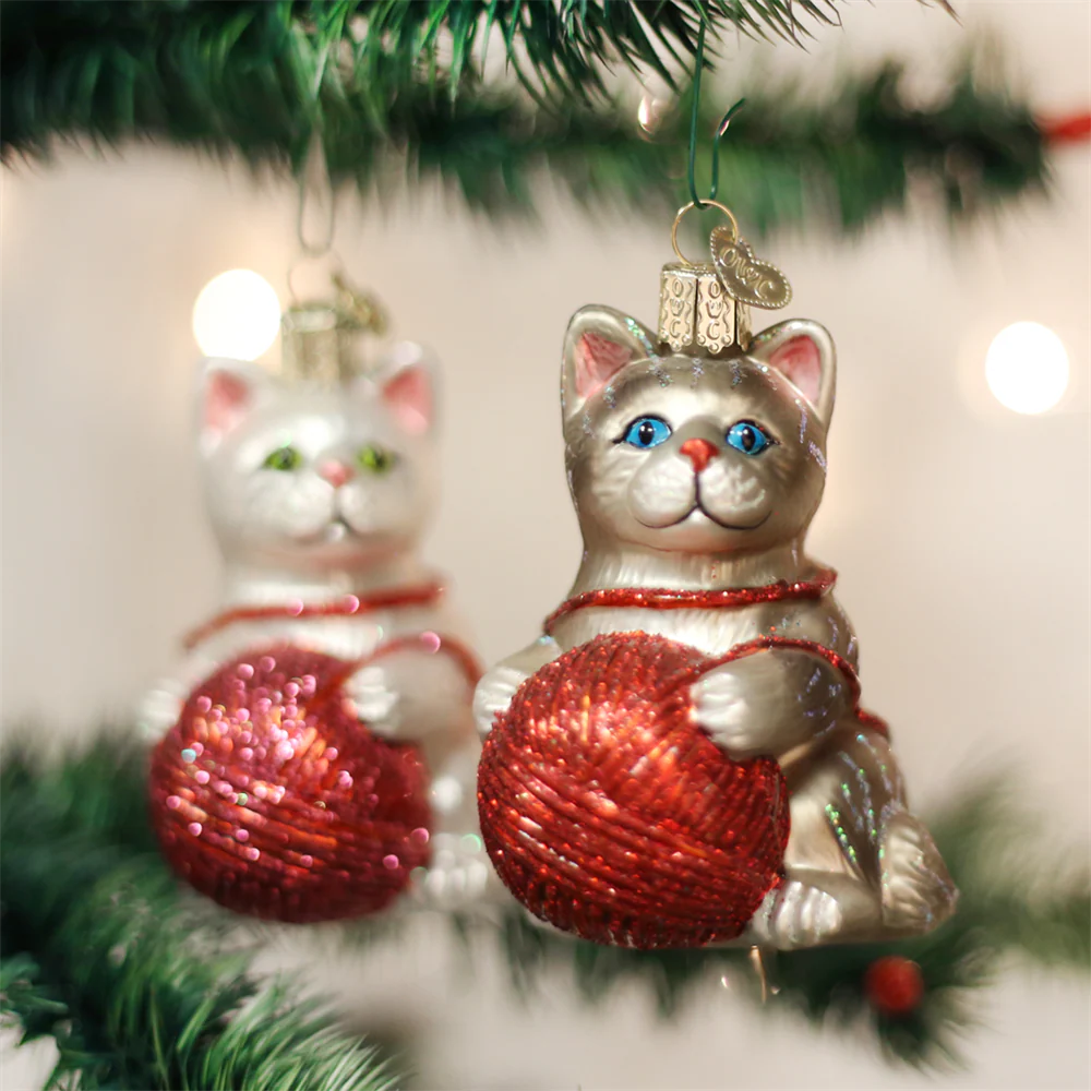 Playful Kitten with Yarn Ball Ornaments