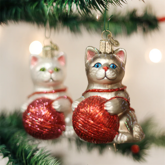 Playful Kitten with Yarn Ball Ornaments