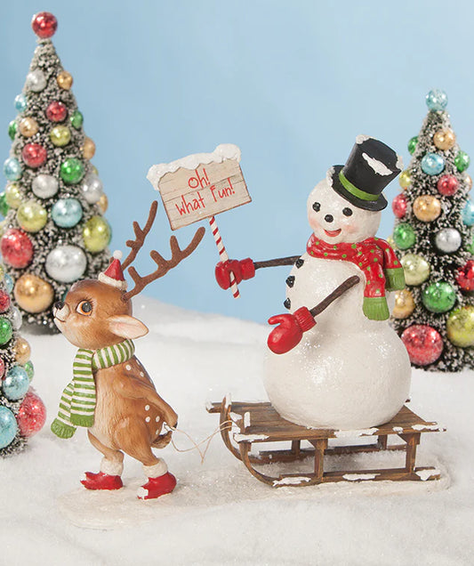 Oh What Fun! Reindeer Pulling Snowman on Sled
